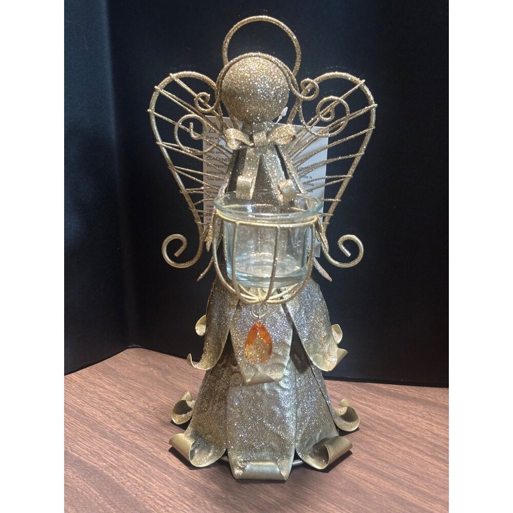 Cracker Barrel Gold Glitter Angel Tealight Candle Holder With Glass Cup